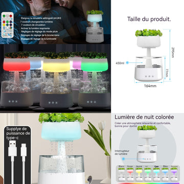 Humidificateur d'air 450ml diffuseur d'huiles essentielles de nuage de pluie avec télécommande minuterie 7 lumières LED de couleur